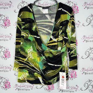 Massy top blouse stretchy yellow black Green Abstract Print Top V Neck blouse